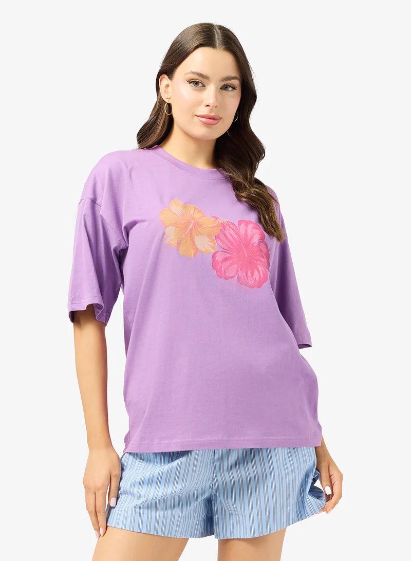 جينجر Cotton Oversize Floral Graphic T-shirt